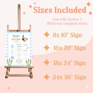 May include: A printable sign template for a first birthday party. The sign features a blue and white gingham background with a duck illustration. The sign includes the text "Reid's First Year" and the date "22nd April 20XX". The sign is available in four sizes: 8x10 inches, 16x20 inches, 18x24 inches, and 24x36 inches.