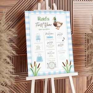 May include: A blue and white gingham background with a watercolor illustration of a duck wearing a blue party hat. The text "Reid's First Year" is at the top of the poster. The poster also includes information about Reid's first year, such as the number of teeth he has, his weight, and his favorite things.
