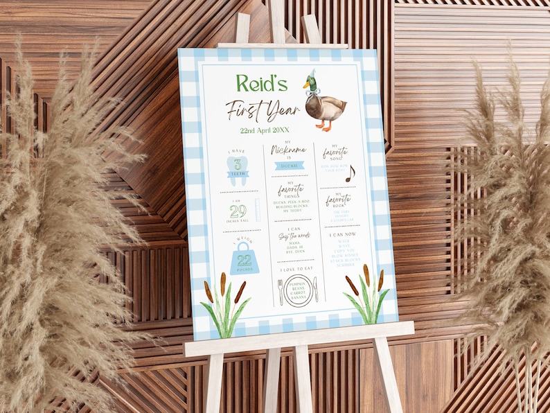May include: A blue and white gingham background with a watercolor illustration of a duck wearing a blue party hat. The text "Reid's First Year" is at the top of the poster. The poster also includes information about Reid's first year, such as the number of teeth he has, his weight, and his favorite things.