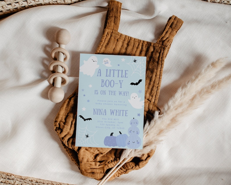 Pastel Blue Ghost Baby Shower Invitation Template, A Little Boo-y is on the Way, Halloween Invite, Boy Sprinkle, Editable Digital Download image 5