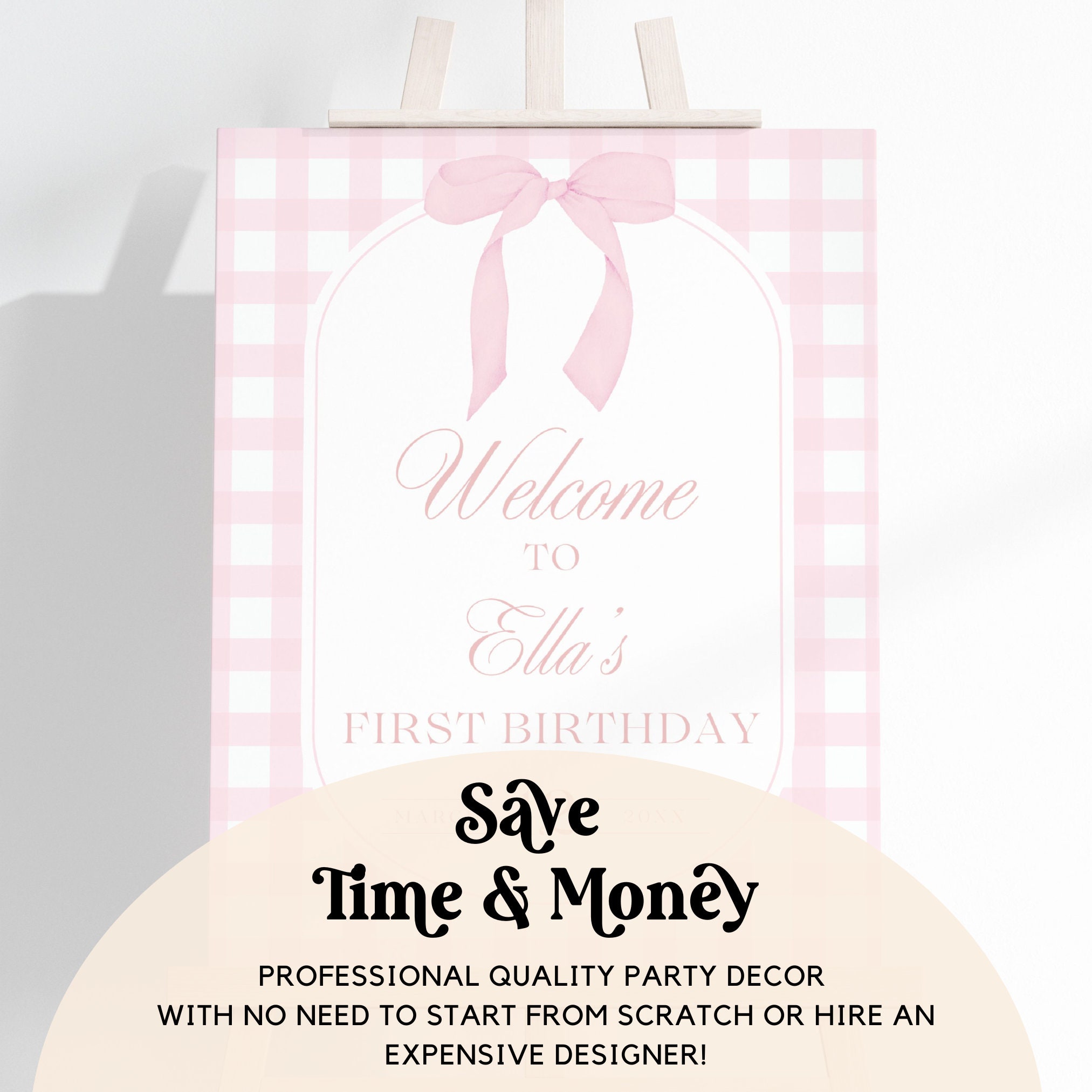 Pink Gingham First Birthday Welcome Sign, Editable Template, Blush ...