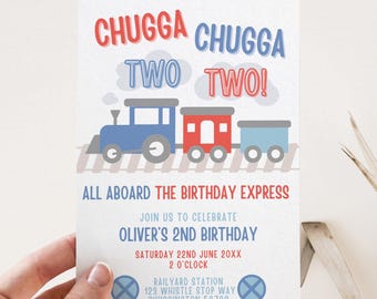 May include: A blue and red train with the words "Chugga Chugga Two Two!" on a white background. The text "All Aboard the Birthday Express" is below the train. The invitation is for Oliver's 2nd birthday party on Saturday, June 22nd at 2 o'clock. The address is "Railyard Station, 123 Whistle Stop Way, Chuggington 56789."
