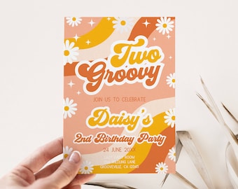 Editable  Groovy Second Birthday Invitation Template, Two Groovy Invite, Retro 2nd Party, 70s Flower Power Theme, Daisy Hippie Aesthetic