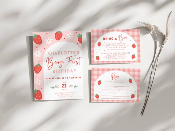 Strawberry Birthday Invite Template Bundle, Berry First Party, Pink Gingham, Editable Invitation, Bring a Book, RSVP, Thank You, Gift Insert