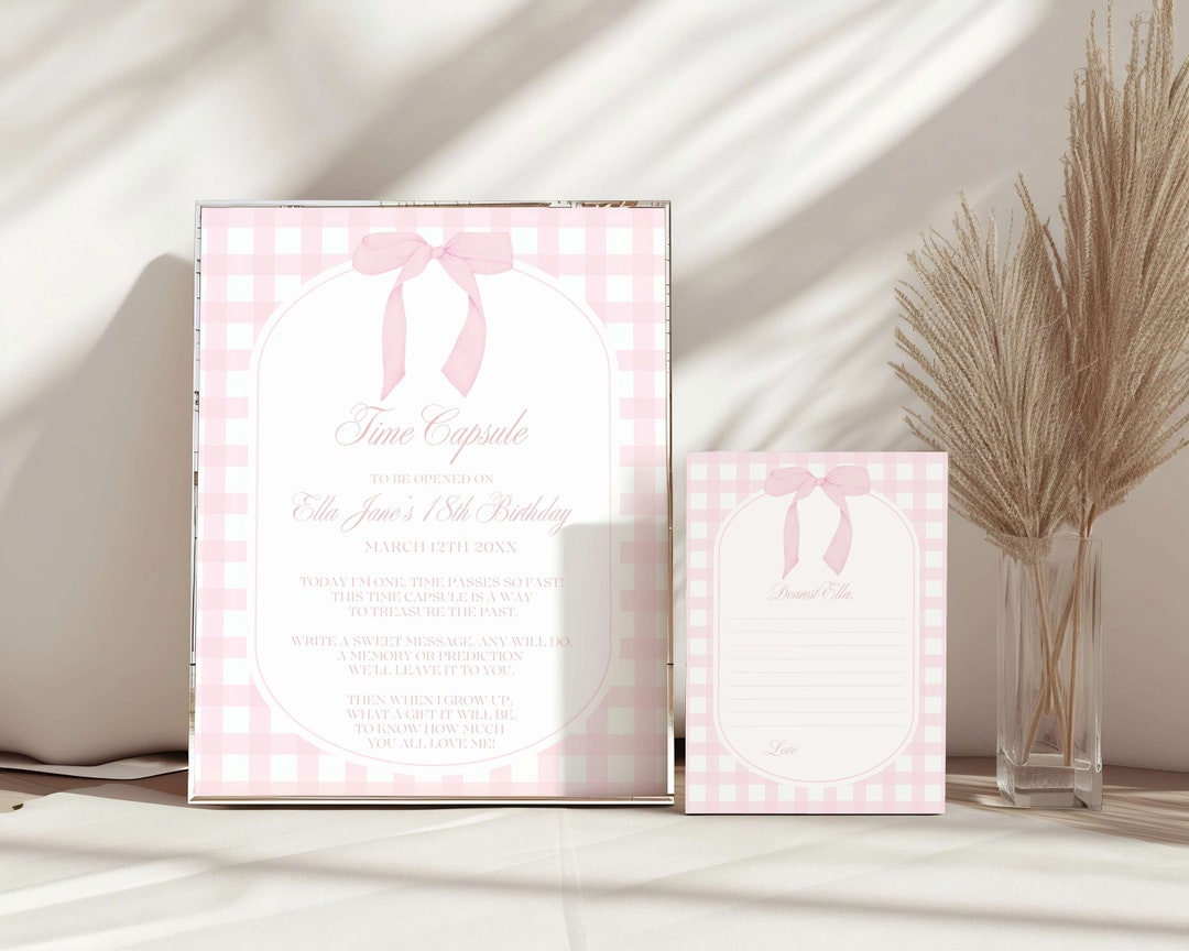 Pink Gingham Bow First Birthday Time Capsule, Editable Sign and Card ...