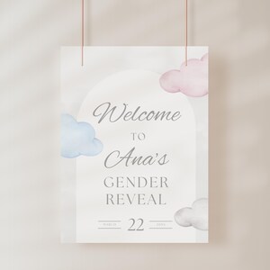 May include: A white gender reveal sign with the text "Welcome to Ana's Gender Reveal" in elegant script. The sign features watercolor clouds in blue, pink, and gray, with the date March 22, 2023. The sign is suspended by two thin brown strings.