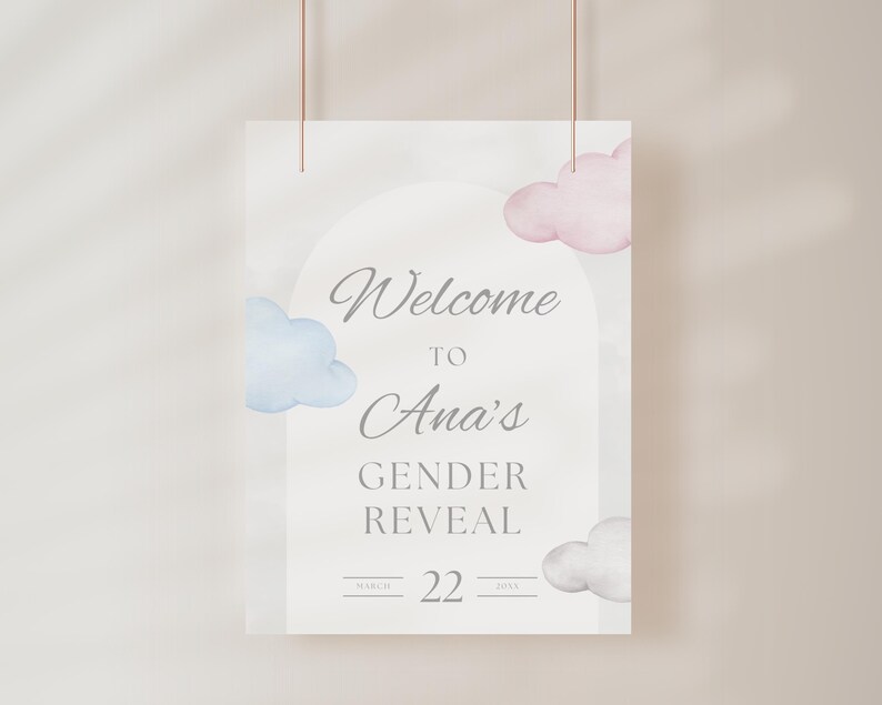 May include: A white gender reveal sign with the text "Welcome to Ana's Gender Reveal" in elegant script. The sign features watercolor clouds in blue, pink, and gray, with the date March 22, 2023. The sign is suspended by two thin brown strings.