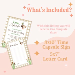 May include: A printable time capsule sign and letter card with a brown and white gingham pattern, a green duck illustration, and the text "Time Capsule To be opened on River's 8th Birthday 22nd April 20XX".