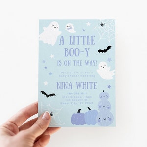 Pastel Blue Ghost Baby Shower Invitation Template, A Little Boo-y is on the Way, Halloween Invite, Boy Sprinkle, Editable Digital Download image 1