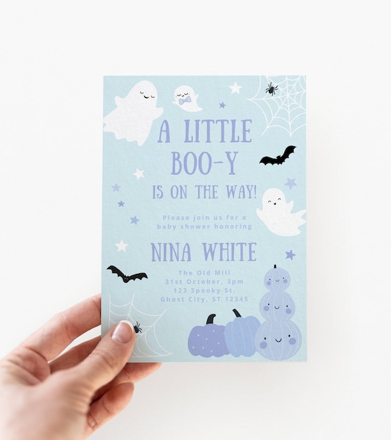 Pastel Blue Ghost Baby Shower Invitation Template, A Little Boo-y is on the Way, Halloween Invite, Boy Sprinkle, Editable Digital Download
