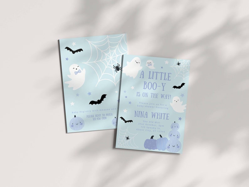 Pastel Blue Ghost Baby Shower Invitation Template, A Little Boo-y is on the Way, Halloween Invite, Boy Sprinkle, Editable Digital Download image 2