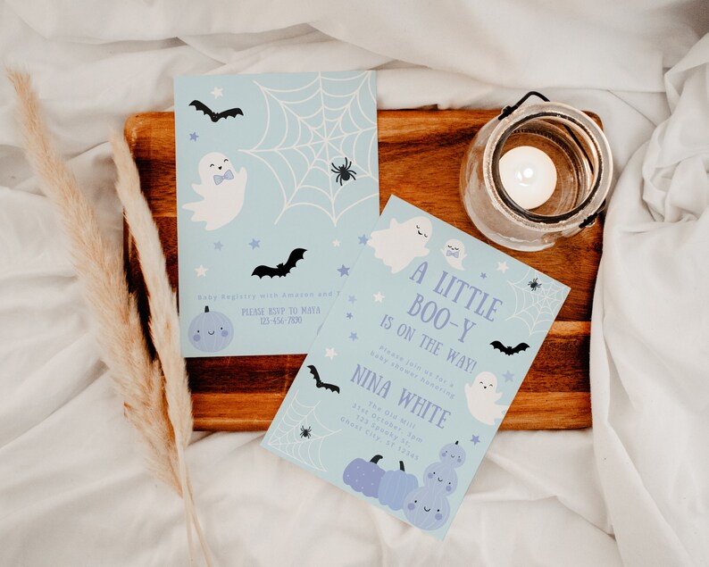 Pastel Blue Ghost Baby Shower Invitation Template, A Little Boo-y is on the Way, Halloween Invite, Boy Sprinkle, Editable Digital Download image 4