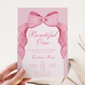 Coquette Pink Bow First Birthday Invitation Template, Bowtiful One First Birthday, Editable Invite, Girl 1st Party Theme, Preppy French Bow