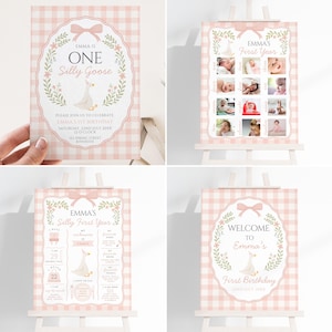 May include: A collection of pink and white gingham-patterned birthday party decorations. The decorations include invitations, a photo display, and a welcome sign, all featuring a goose illustration and the text "Emma's First Birthday."