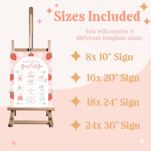 Pode incluir: Um cartaz imprim&iacute;vel rosa e verde com tema de morango. O cartaz diz "Charlotte's Berry First Year" e inclui detalhes sobre o primeiro ano da crian&ccedil;a. O cartaz est&aacute; dispon&iacute;vel em quatro tamanhos: 8x10 polegadas, 16x20 polegadas, 18x24 polegadas e 24x36 polegadas.
