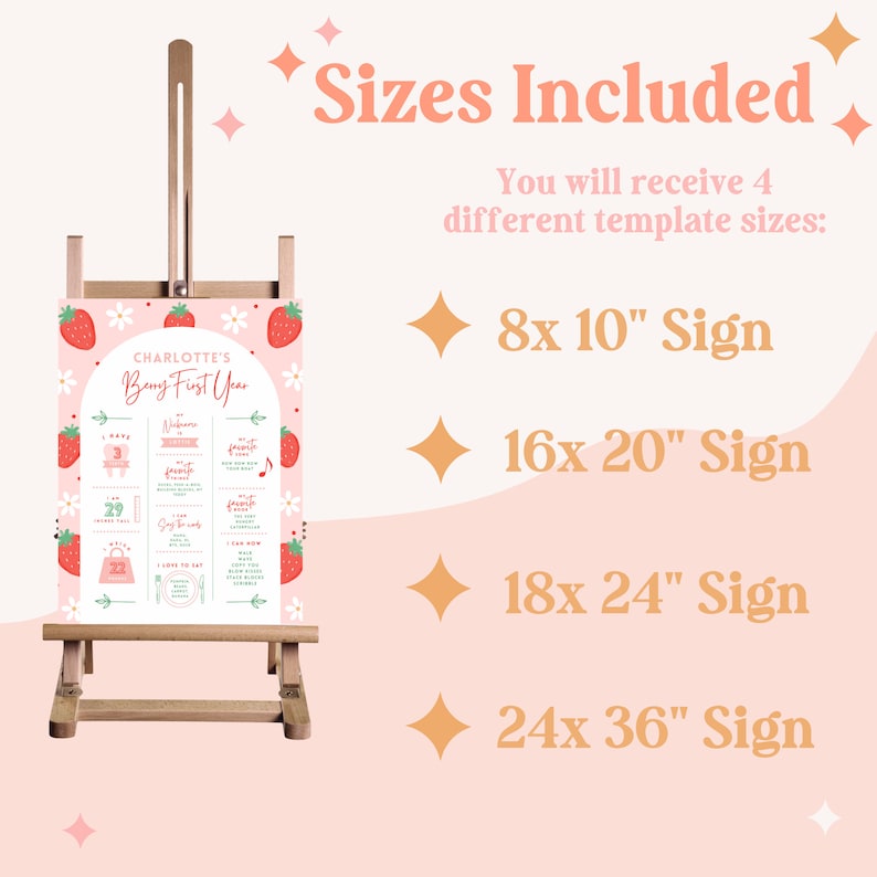 Pode incluir: Um cartaz imprim&iacute;vel rosa e verde com tema de morango. O cartaz diz "Charlotte's Berry First Year" e inclui detalhes sobre o primeiro ano da crian&ccedil;a. O cartaz est&aacute; dispon&iacute;vel em quatro tamanhos: 8x10 polegadas, 16x20 polegadas, 18x24 polegadas e 24x36 polegadas.