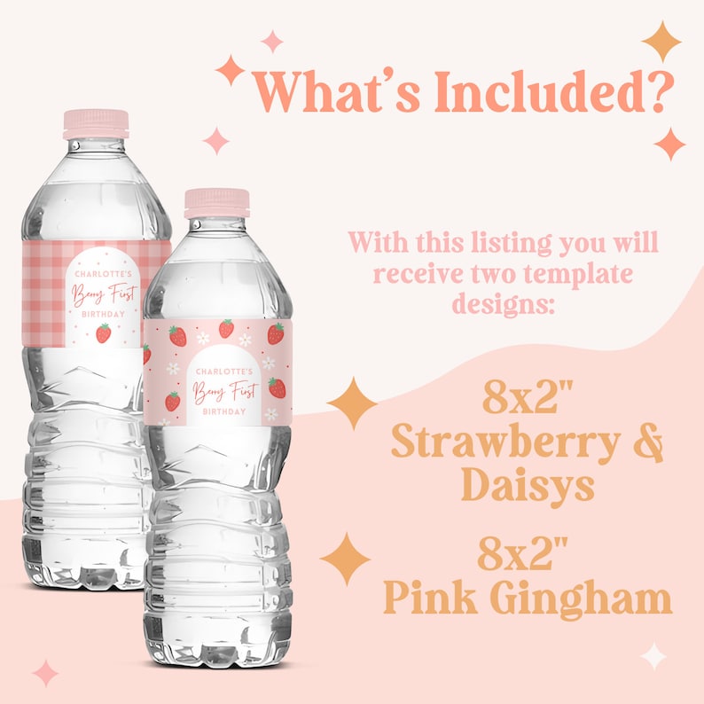 Etichetta per bottiglia d'acqua per il primo compleanno a tema fragole, bomboniera a tema fragole, decorazioni personalizzate per feste, modello modificabile, wrap per bevande, Berry Sweet One immagine 5