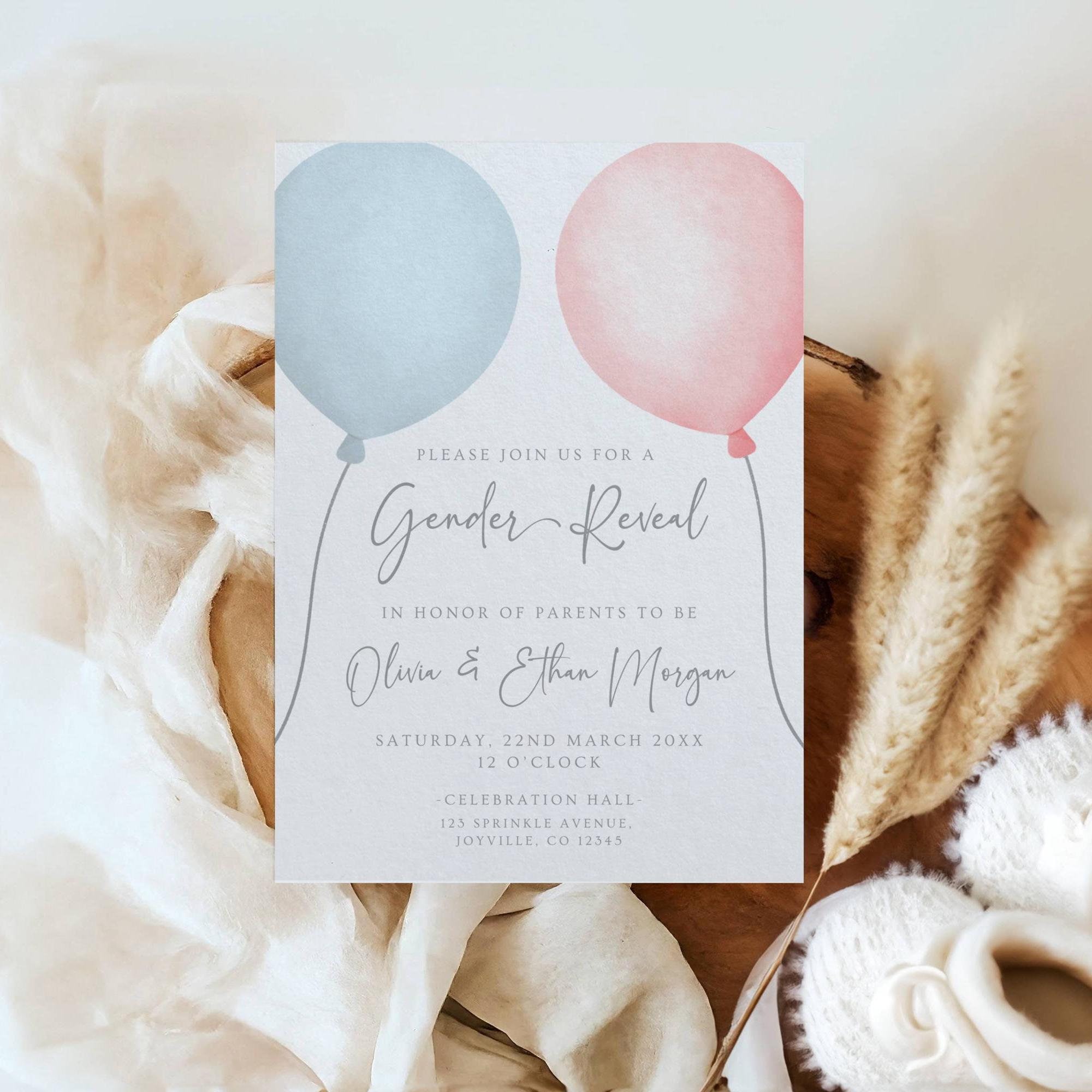 Editable Gender Reveal Invitation Template, Balloon Gender Reveal Invite, Pink and Blue Baby Shower, He or She, Baby Gender Reveal Party