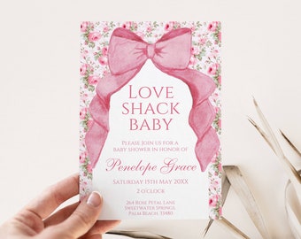 Coquette Pink Bow Baby Shower Invitation Template, Love Shack Baby Theme, Editable Invite, Vintage Cottagecore Floral, Shabby Chic Aesthetic