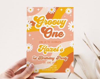 Plantilla de invitación de primer cumpleaños editable y genial, invitación genial, fiesta retro, tema Flower Power de los 70, estética Daisy Hippie