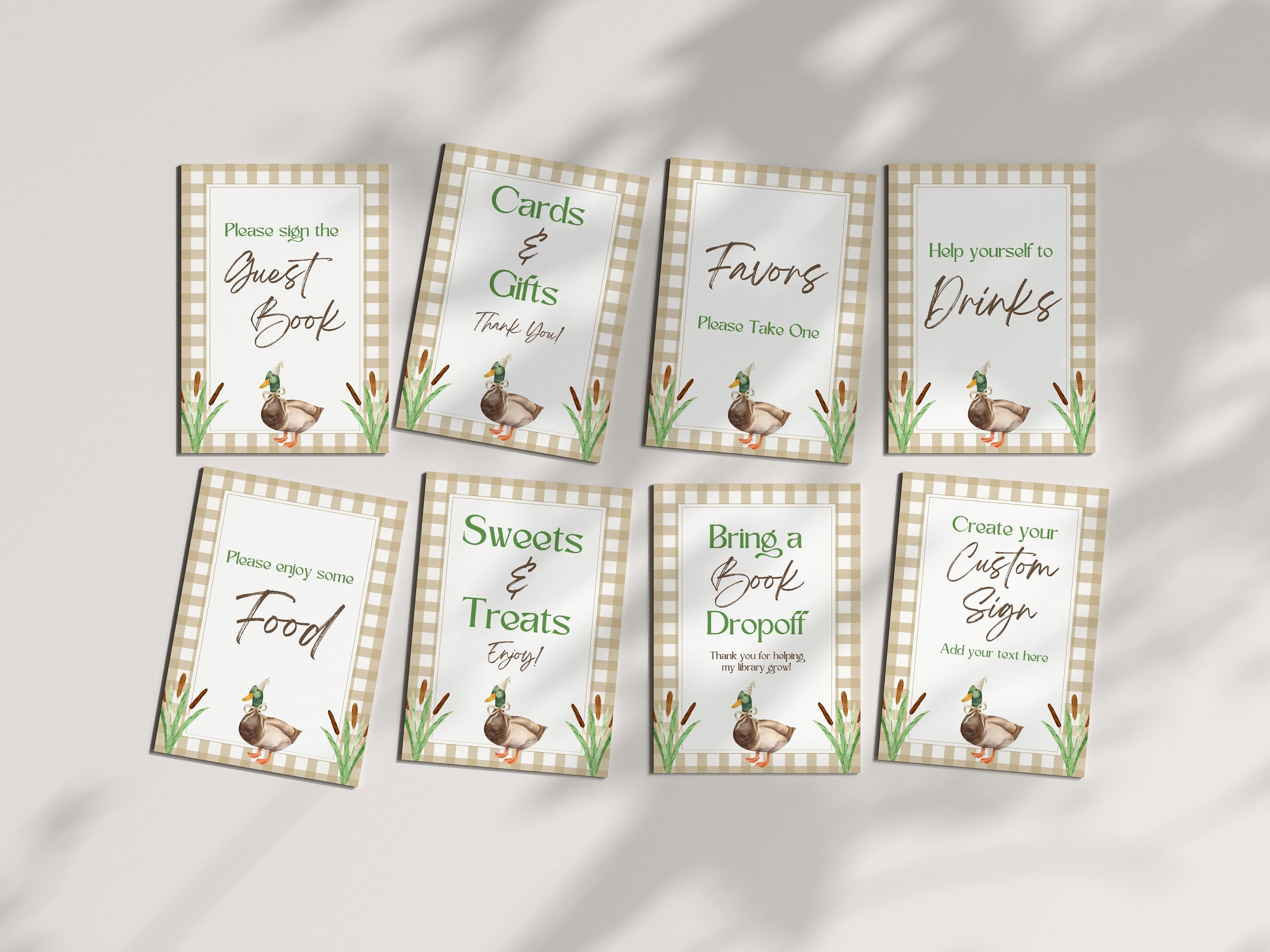 Neutral Gingham Duck First Birthday Table Signs, Fully Editable Templates, Party Signage Decor, Mallard One Lucky Duck Theme, 8x10 and 5x7