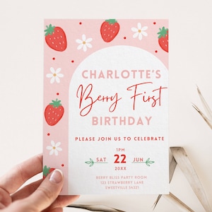 Beere erste Geburtstagseinladung, Sweet One 1st Party einladen, Erdbeer-Thema, rot rosa Gingham Daisy, bearbeitbare Vorlage, digitaler Download