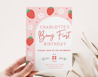 Beere erste Geburtstagseinladung, Sweet One 1st Party einladen, Erdbeer-Thema, rot rosa Gingham Daisy, bearbeitbare Vorlage, digitaler Download