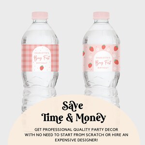 Etichetta per bottiglia d'acqua per il primo compleanno a tema fragole, bomboniera a tema fragole, decorazioni personalizzate per feste, modello modificabile, wrap per bevande, Berry Sweet One immagine 7