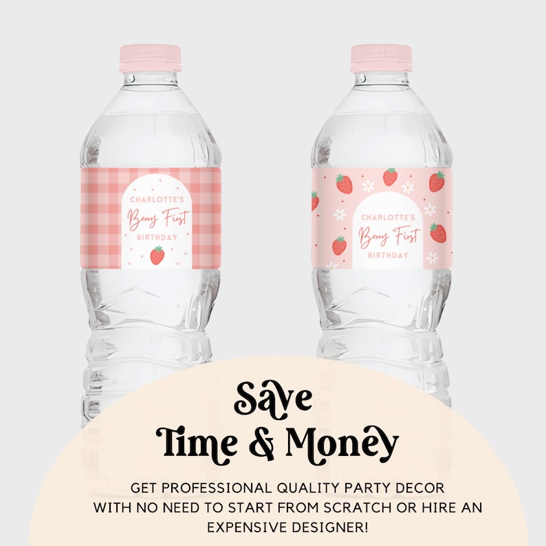Etichetta per bottiglia d'acqua per il primo compleanno a tema fragole, bomboniera a tema fragole, decorazioni personalizzate per feste, modello modificabile, wrap per bevande, Berry Sweet One immagine 7