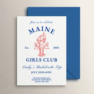 Maine Girls Club Bachelorette Einladung, bearbeitbarer Wochenendreiseplan, ihr Maine Squeeze, Hummer-Thema einladen, Hen Party Küstenreise