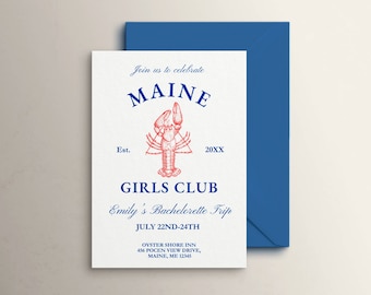 Maine Girls Club Bachelorette Invitation, Editable Weekend Itinerary, Her Maine Squeeze, Lobster Theme Invite, Hen Party Coastal Trip