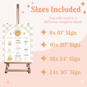 May include: A printable first birthday sign with a checkered background and a yellow arch. The sign includes information about the child's first year, such as their age, height, weight, favorite song, and favorite book. The sign is available in four sizes: 8x10 inches, 16x20 inches, 18x24 inches, and 24x36 inches.