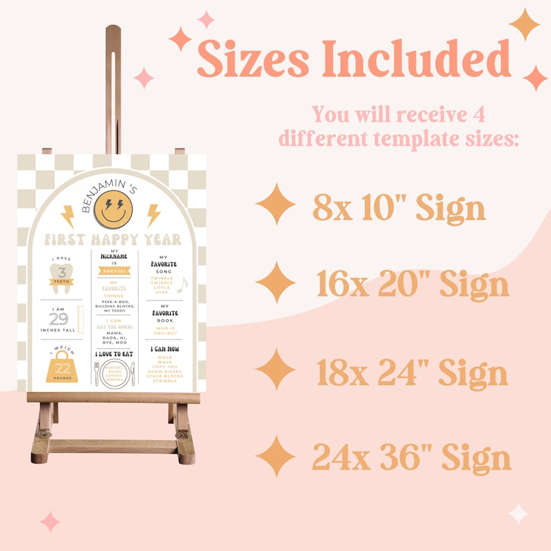 May include: A printable first birthday sign with a checkered background and a yellow arch. The sign includes information about the child's first year, such as their age, height, weight, favorite song, and favorite book. The sign is available in four sizes: 8x10 inches, 16x20 inches, 18x24 inches, and 24x36 inches.