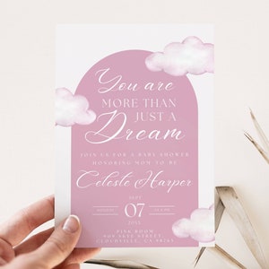 Più di un semplice modello di invito per baby shower da sogno, rosa nuvola, invito inviato dal cielo, tema neonata, download digitale modificabile