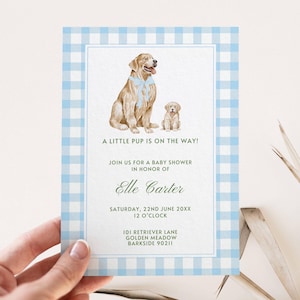 Golden Retriever Baby Shower Invitation, Editable Template, Blue Gingham Invite, Baby Boy Puppy Dog Theme, Preppy Rustic Farmhouse