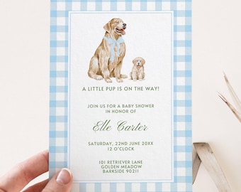 Golden Retriever Baby Shower Invitation, Editable Template, Blue Gingham Invite, Baby Boy Puppy Dog Theme, Preppy Rustic Farmhouse