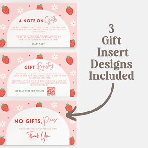May include: Three pink and white gift insert designs with strawberry and flower illustrations. The text reads "A Note on Gifts", "Gift Registry", and "No Gifts, Please".