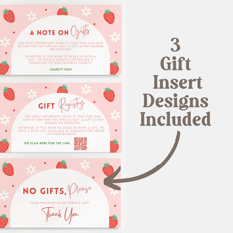 May include: Three pink and white gift insert designs with strawberry and flower illustrations. The text reads "A Note on Gifts", "Gift Registry", and "No Gifts, Please".