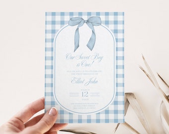 Preppy Boy Bow First Birthday Invite Template, Blue Gingham 1st Birthday, Heirloom Ribbon Editable Invitation, Dusty Blue Minimalist Theme