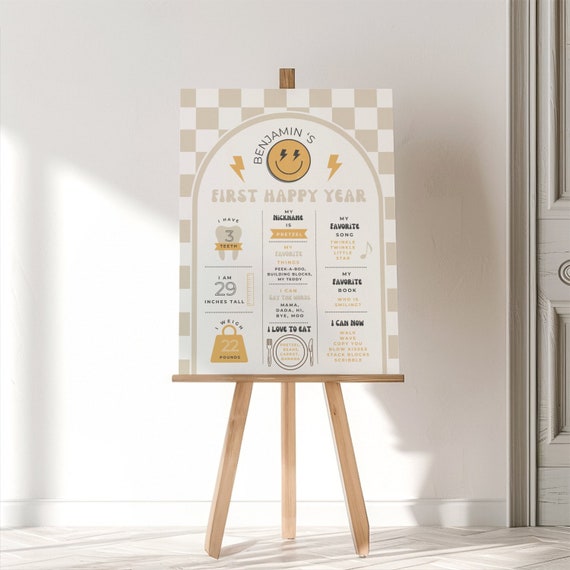 One Happy Dude First Year Milestone Board Template, Editable Template, Beige Checkered, Happy Smile Face Theme, One Cool Dude Sign