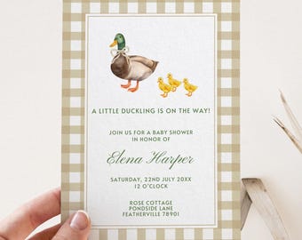 Eend babyshower uitnodiging, bewerkbare sjabloon, preppy taupe pastel uitnodiging, een klein eendje is onderweg, jongen Mallard Duck thema