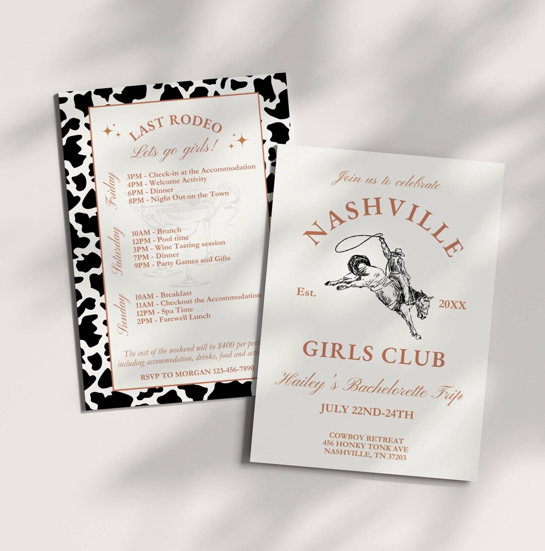 Nashville Cowgirl Bachelorette Invitation Weekend Itinerary Template ...