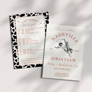 Nashville Cowgirl Bachelorette Einladung Wochenend Reiseplan, letztes Rodeo Thema, neutrale Western Henne, Let&#39;s Go Girls, bearbeitbare Einladung