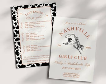 Plantilla de itinerario de fin de semana para invitación de despedida de soltera vaquera de Nashville, tema del último rodeo, despedida de soltera occidental neutral, vamos chicas, invitación editable