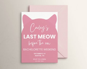 Last Meow Before the Vow Bachelorette Invitation Itinerary Template, Pink Cat Theme Invite, Getting Meowied, Hen Party Editable Invite