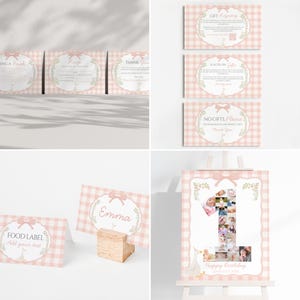 May include: A collection of pink and white gingham-patterned party supplies. Includes cards with text like "Gift Registry" and "Thank You," table cards, and a large sign with a photo collage in the shape of the number one. A bow and floral accents decorate the cards.