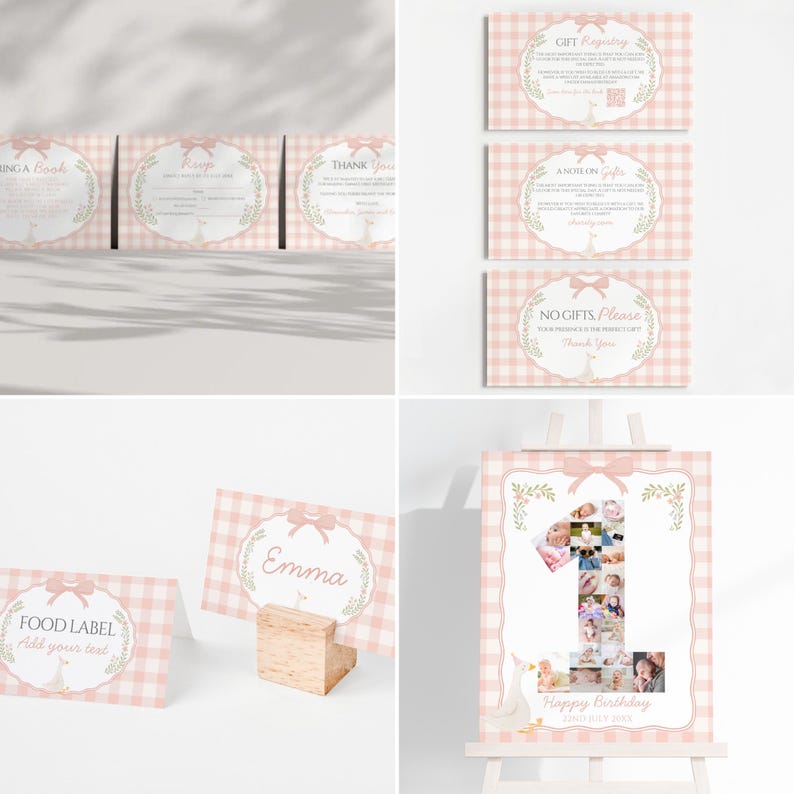 May include: A collection of pink and white gingham-patterned party supplies. Includes cards with text like "Gift Registry" and "Thank You," table cards, and a large sign with a photo collage in the shape of the number one. A bow and floral accents decorate the cards.