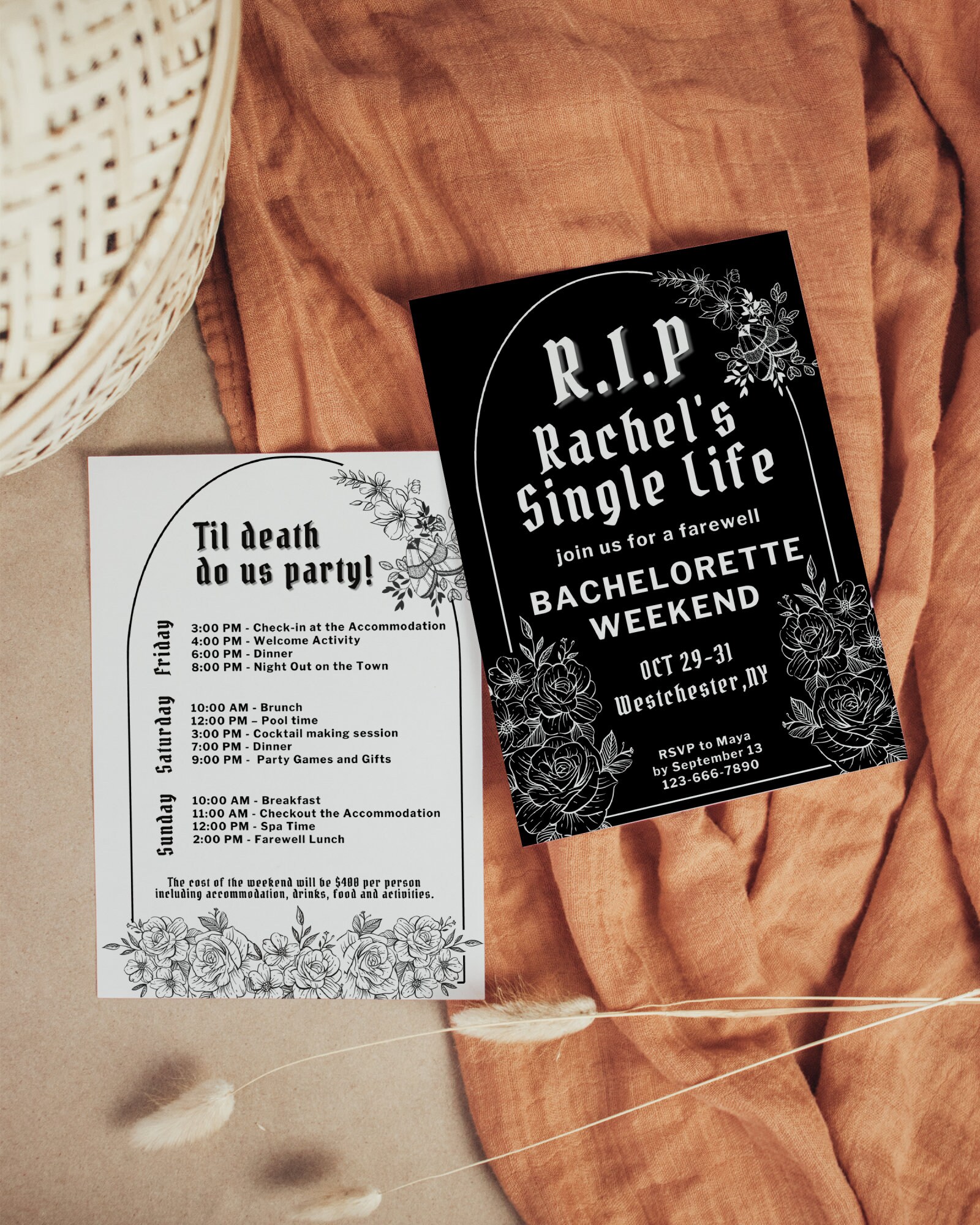 Funeral Bachelorette Invitation and Itinerary Template, RIP Single Life