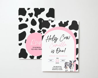 Invitation d'anniversaire de vache sacrée, 1ère fête de filles, impression vache rose, thème de la basse-cour de la ferme, modèle modifiable, téléchargement numérique