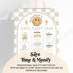 May include: A printable first birthday milestone poster with a yellow and brown checkered background. The poster features a smiling face with lightning bolts and the text "Benjamin's First Happy Year". The poster includes information about the child's age, height, favorite things, and other milestones.